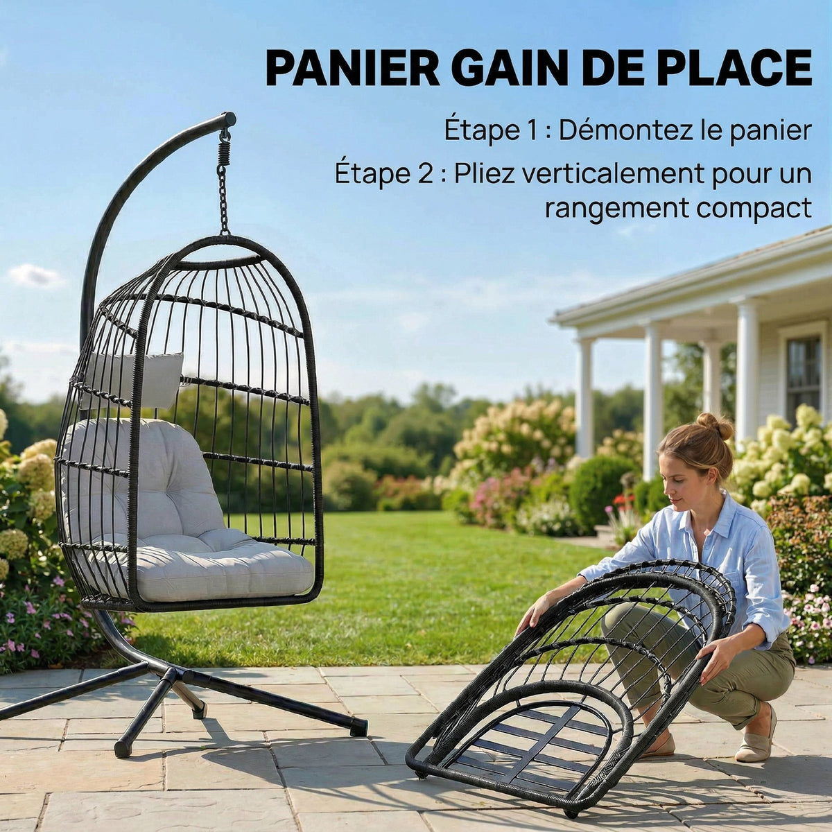 Fauteuil Œuf Suspendu Pliable avec Support Coussin 15cm et Appui-tête Gain de Place Résine Tressée 101x105x196cm Gris-4