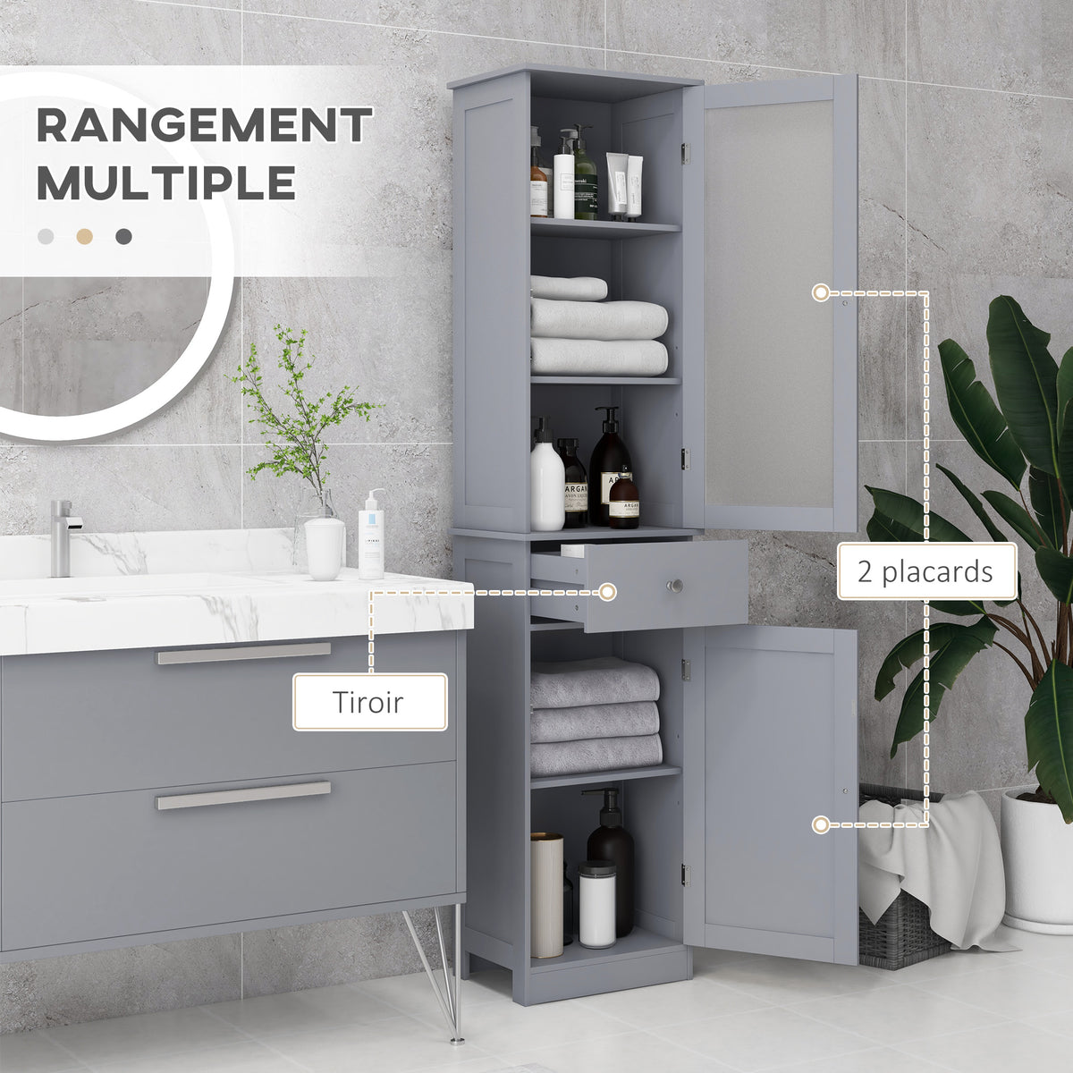 Meuble Colonne de Salle de Bain Placard Porte Acrylique 2 étagères Placard Porte 1 étagère tiroir MDF Gris-3