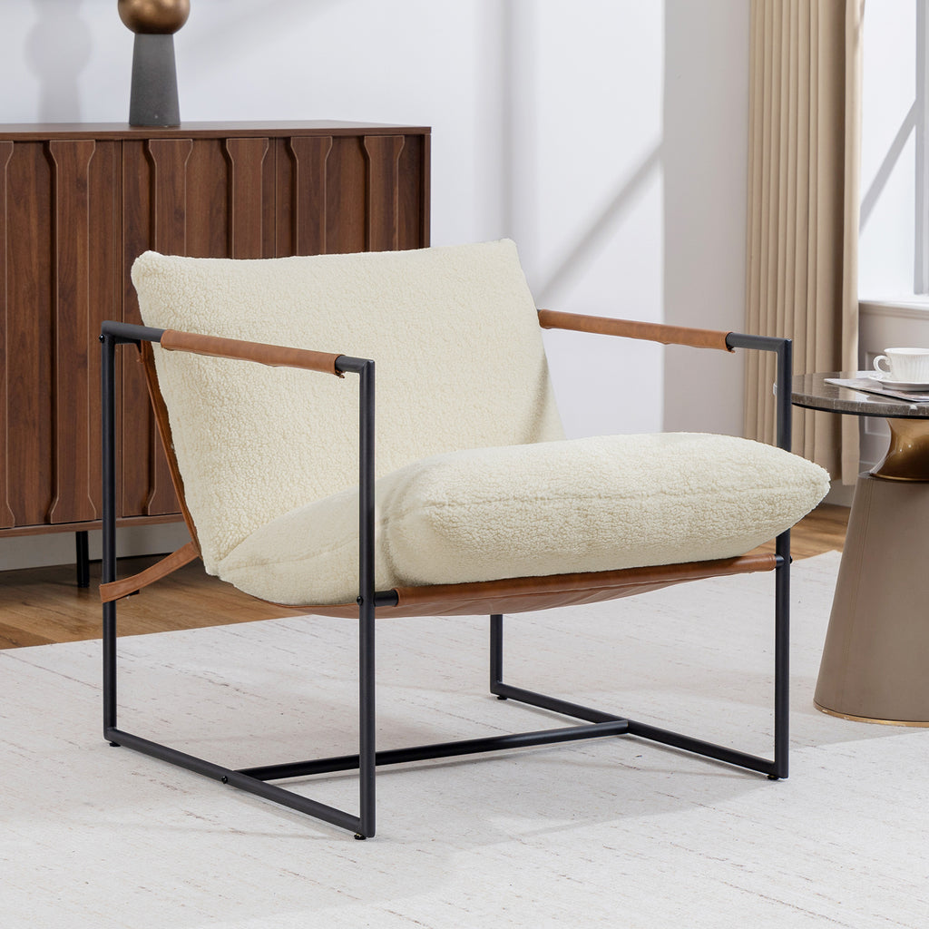 Fauteuil salon, fauteuil d'appoint rembourré en tissu bouclette, large assise et structure en acier, 77x91x80cm, crème-1