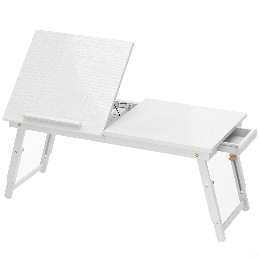 Table de lit pliable et réglable, plateau de lit pour ordinateur portable en bambou plateau inclinable 83,5x33x34cm blanc-0