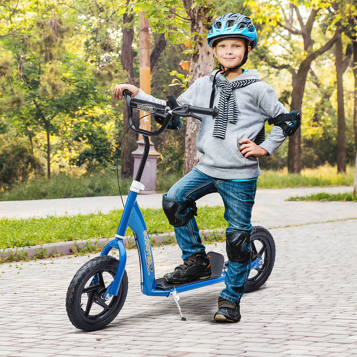 Trottinette enfant patinette pneus 30 cm Hauteur Guidon réglable poignée Frein et béquille Acier pour enfants à partir de 5 ans Bleu-9