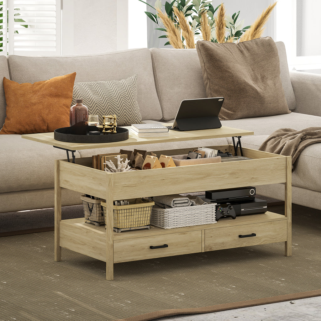 Table basse relevable, table basse avec tiroirs et compartiment caché pour salon, bureau à domicile, chêne-1