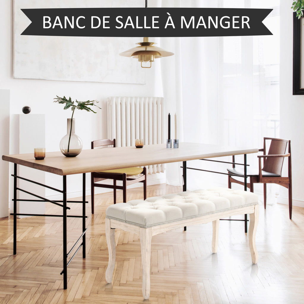 Lot de 2 banc Banquette capitonnée Style Classique 110 cm Bout de lit Rembourrée en lin piètement Bois hévéa sculpté-5