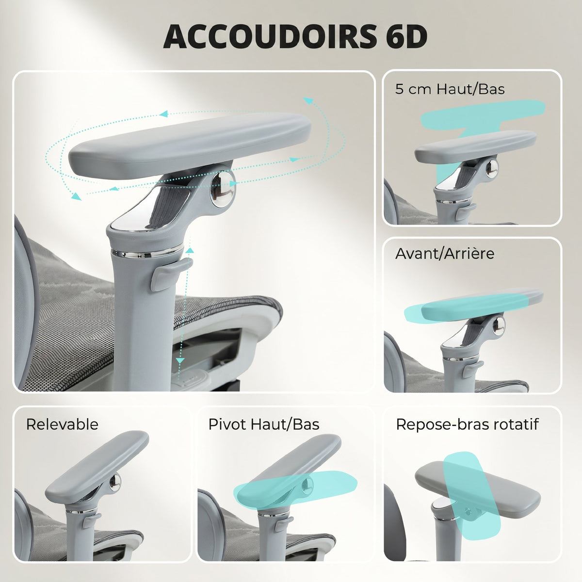 Chaise Bureau Ergonomique avec Accoudoirs 6D Appui-Tête et Profondeur d'Assise Réglables Maille Gris-6