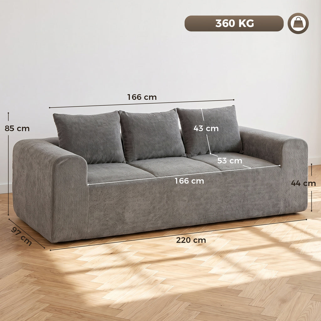 Canapé 3 Places en Chenille 220 cm, Canapé Salon Moderne avec Assise et Accoudoirs Larges, 3 Coussins, Gris-2