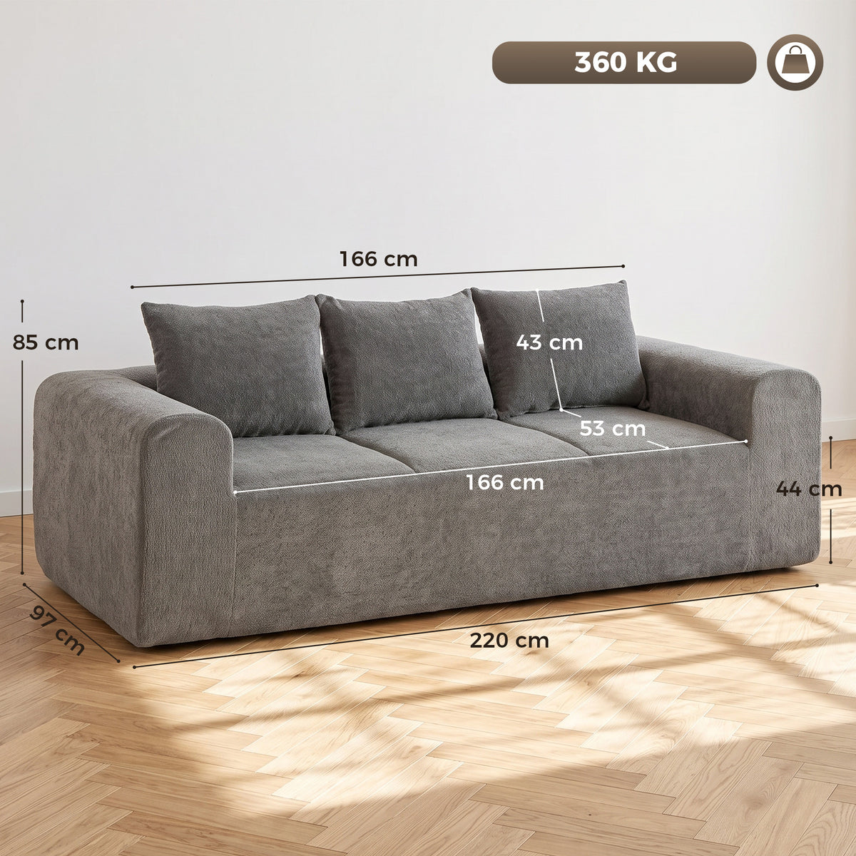 Canapé 3 Places en Chenille 220 cm, Canapé Salon Moderne avec Assise et Accoudoirs Larges, 3 Coussins, Gris-2