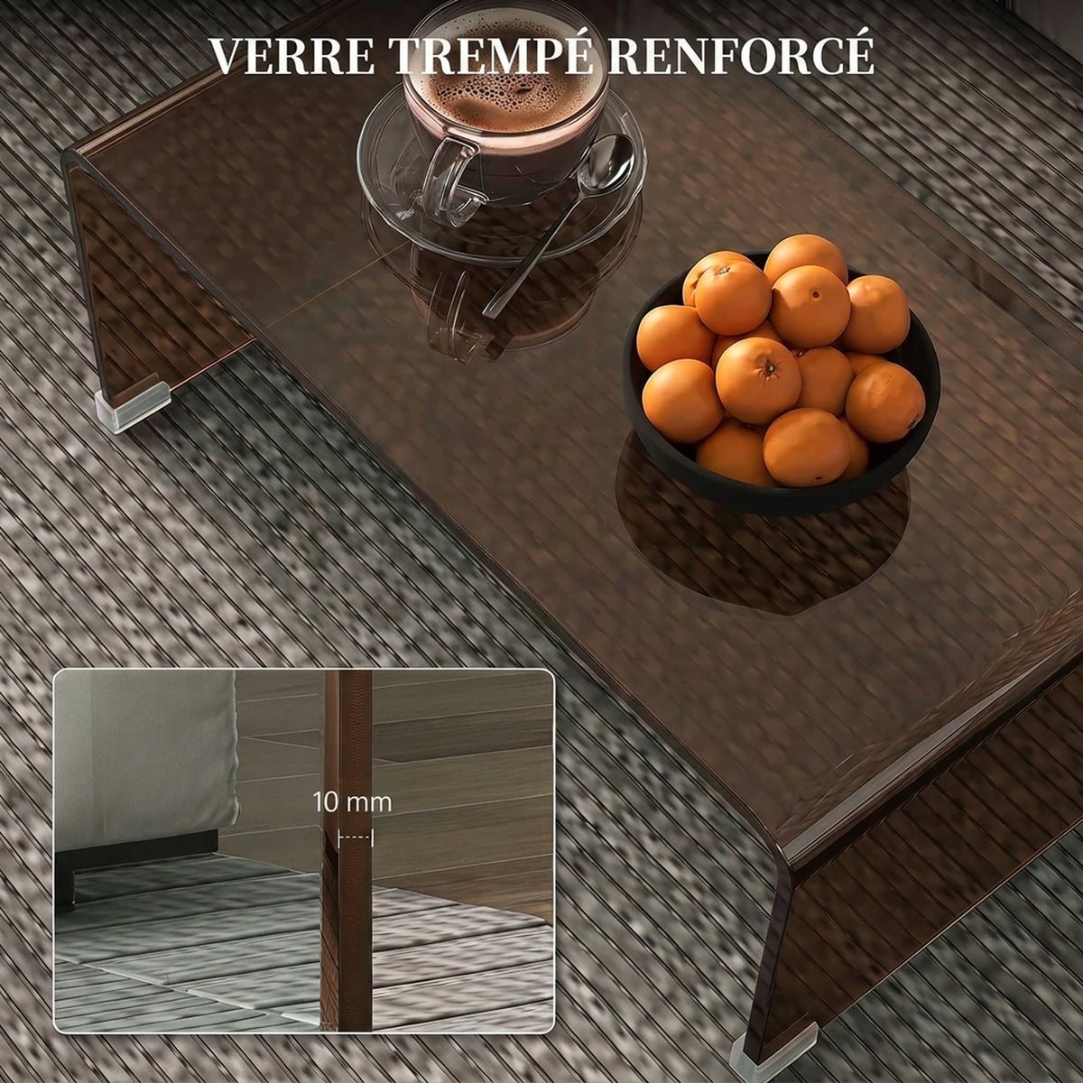 Table Basse en Verre, Table de Salon Rectangulaire Design Moderne avec Bords Arrondis Sûrs, Marron Transparent-3