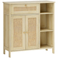 Buffet, meuble de rangement, 2 portes en rotin, tiroir, niches ouvertes, étagères réglables, 75x30x79,5cm, bois naturel-0