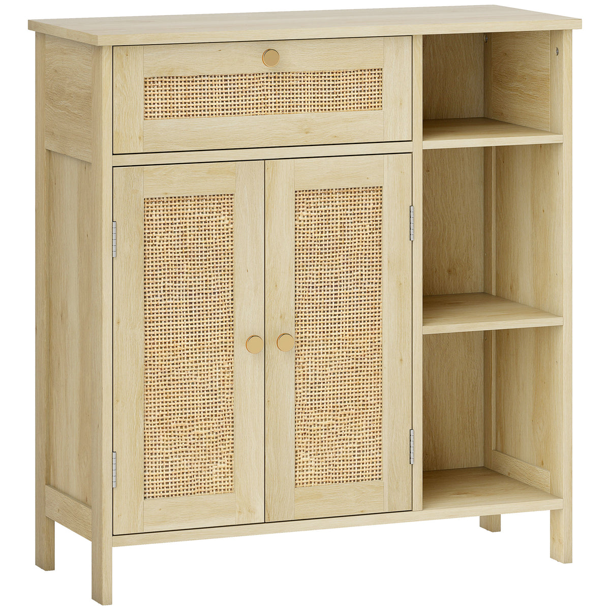 Buffet, meuble de rangement, 2 portes en rotin, tiroir, niches ouvertes, étagères réglables, 75x30x79,5cm, bois naturel-0