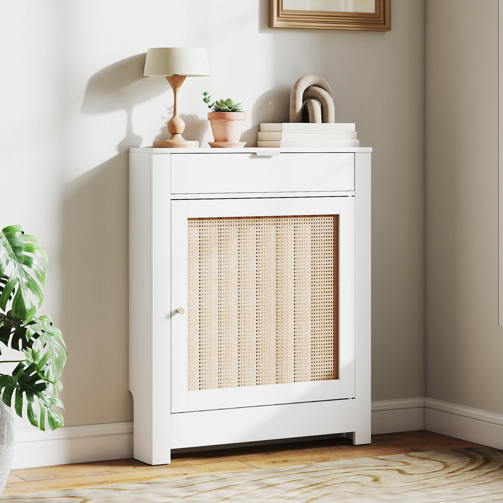 Cache-Radiateur avec Placard Rabattable et Porte en Rotin, Couvercle de Radiateur en Bois avec Compartiment, Blanc-9
