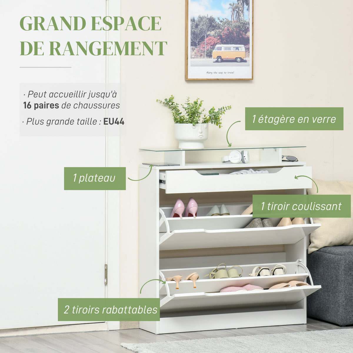 Armoire à Chaussures avec 2 Tiroirs Rabattables + 1 Tiroir Coulissant + 1 Comptoir et 1 Plateau en Verre blanc-3