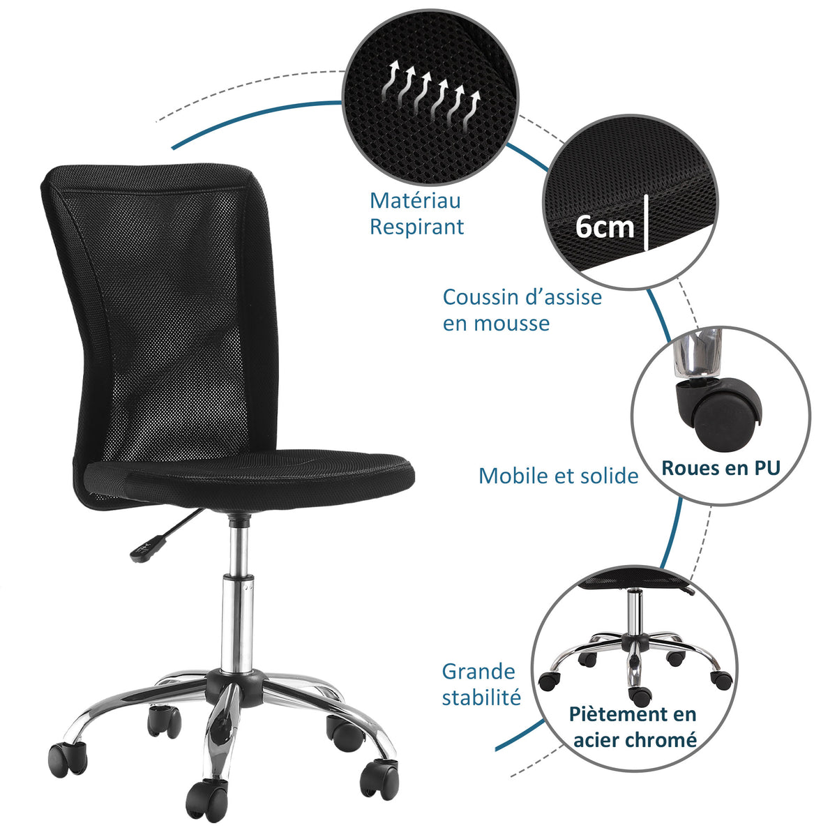 Chaise de Bureau Ergonomique, Fauteuil de Bureau, Hauteur Réglable, Piètement Chromé Noir-3