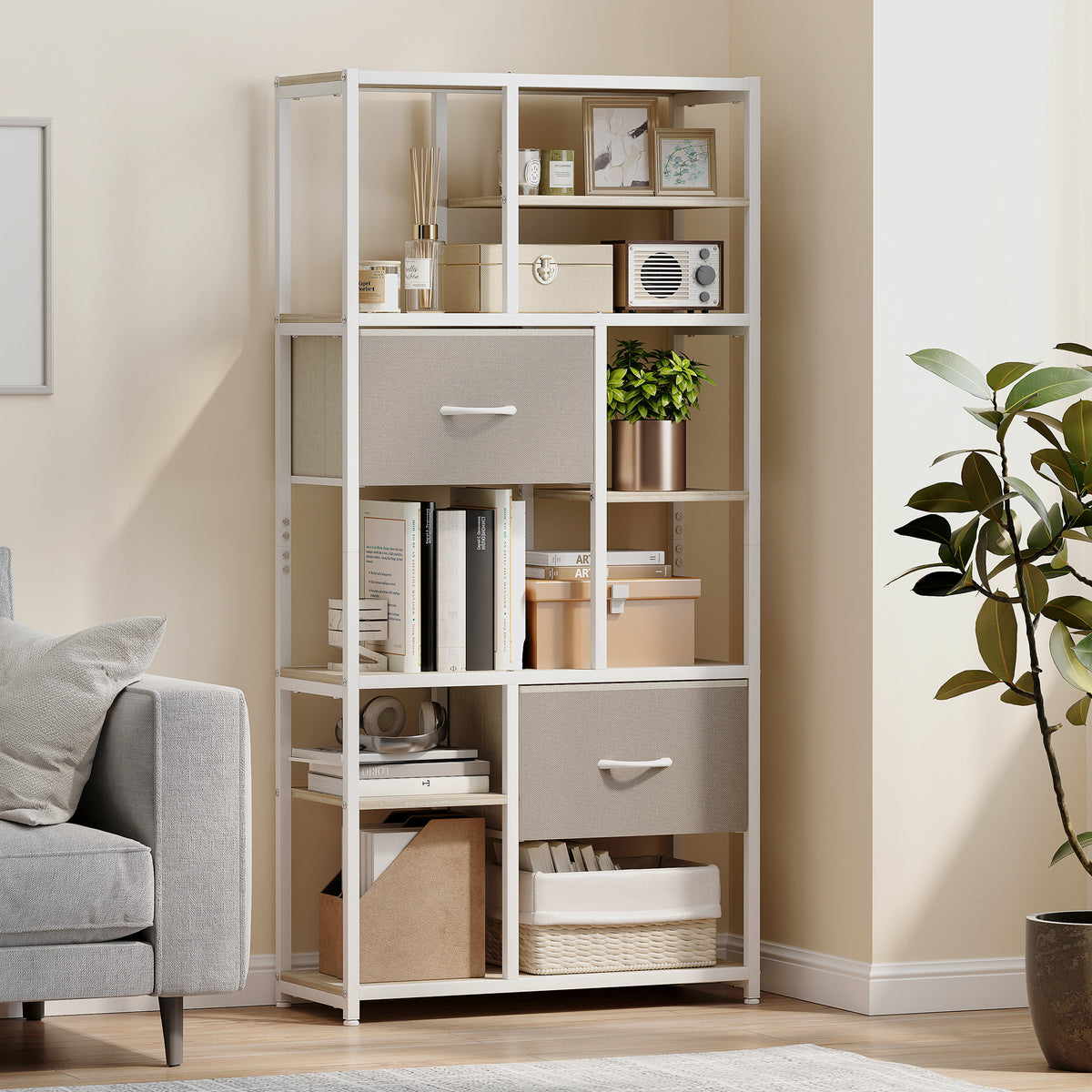 Étagère de rangement 6 niveaux, bibliothèque avec 2 tiroirs en tissu, 9 étagères ouvertes, 72,5 x 30 x 150 cm, blanc-9