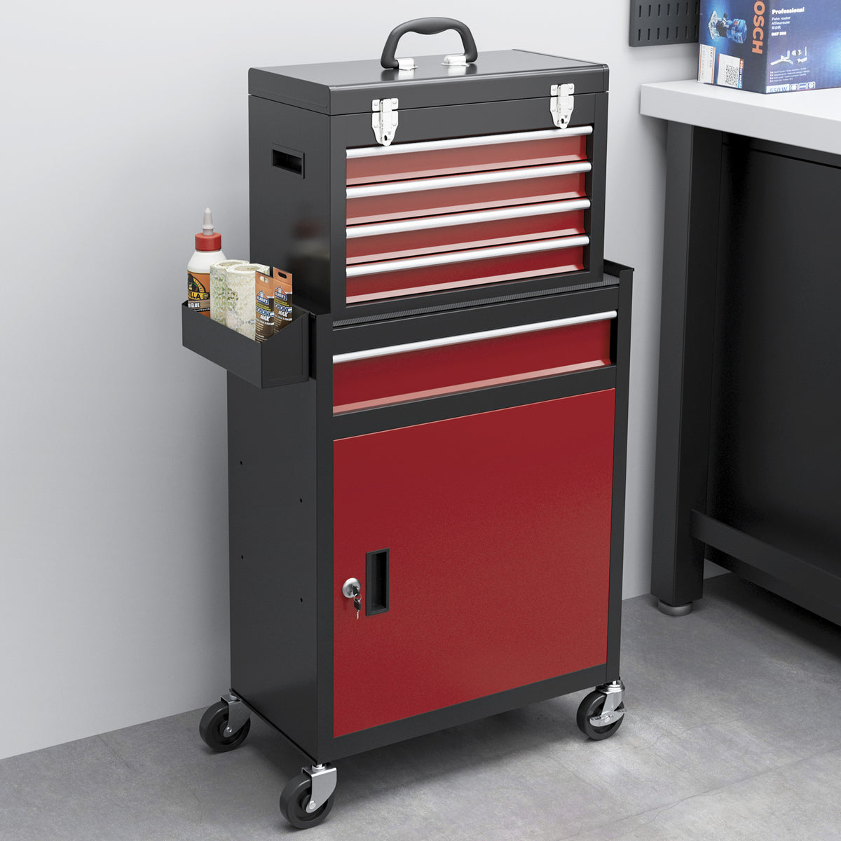 Armoire à outils verrouillable sur roulettes avec 5 tiroirs et armoire, sur roulettes pour l'atelier et la maison, rouge-9