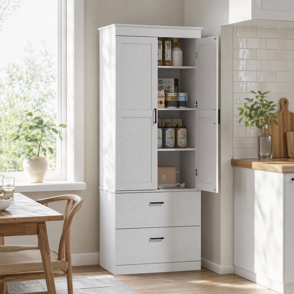 Armoire de cuisine buffet cuisine vaisselier meuble de rangement avec placard, 2 tiroirs et étagères réglables, crème-8