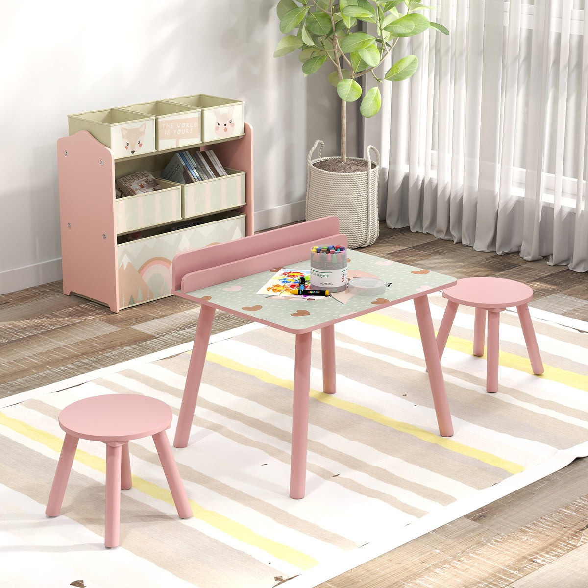 Ensemble table et chaise enfant table pour enfant avec chaise avec porte-livres motifs d'ours pour enfants 3-8 ans rose-7