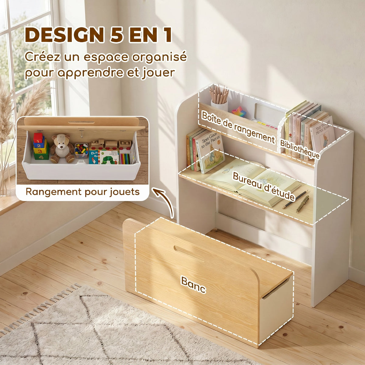 Bureau et Chaise pour Enfant 5 en 1 avec Bibliothèque et Banc Coffre à Roulettes, pour 3 à 8 Ans, Blanc-3