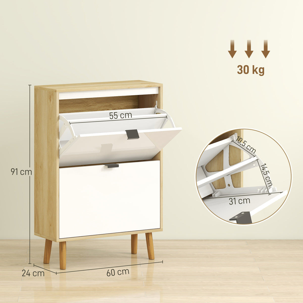 Meuble à chaussures, armoire à chaussures étroite, 2 tiroirs rabattables, portes haute brillante, 60x24x91cm, blanc-2