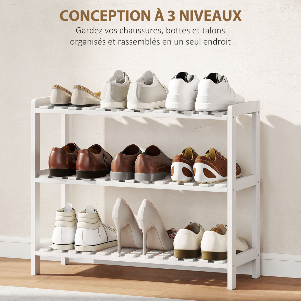 Étagère à chaussures, porte-chaussures 3 niveaux, étagères à lattes, en bois de pin， 70 x 26 x 57,5 cm, blanc-3