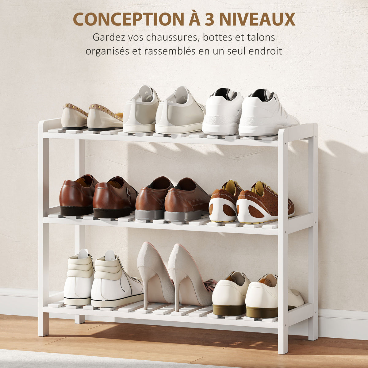 Étagère à chaussures, porte-chaussures 3 niveaux, étagères à lattes, en bois de pin， 70 x 26 x 57,5 cm, blanc-3
