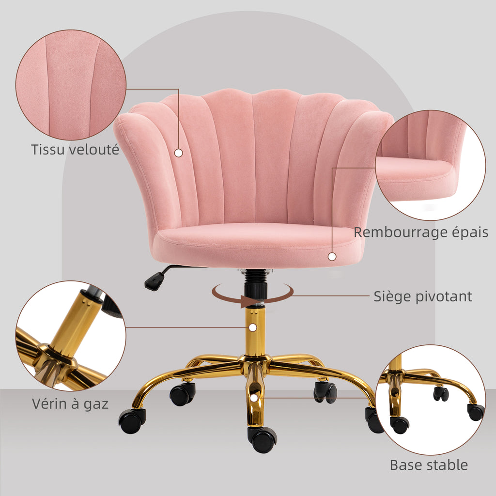 Chaise bureau en velours, chaise coiffeuse avec dossier en pétale, hauteur réglable, 69 x 64 x 80-90 cm, rose-4