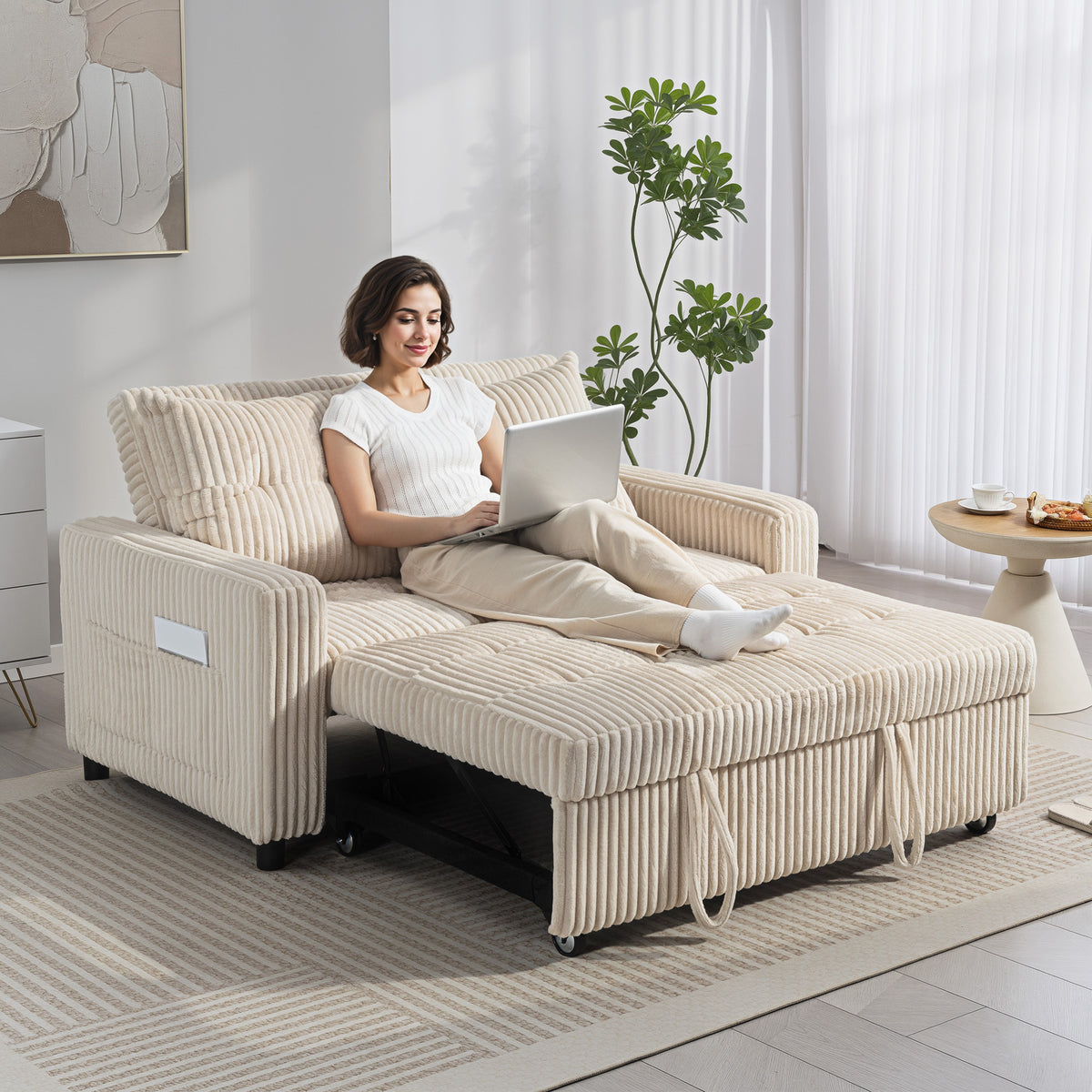 Canapé convertible 2 places canapé-lit en velours côtelé 157x190cm dossier réglable poches latérales et 2 coussins crème-7