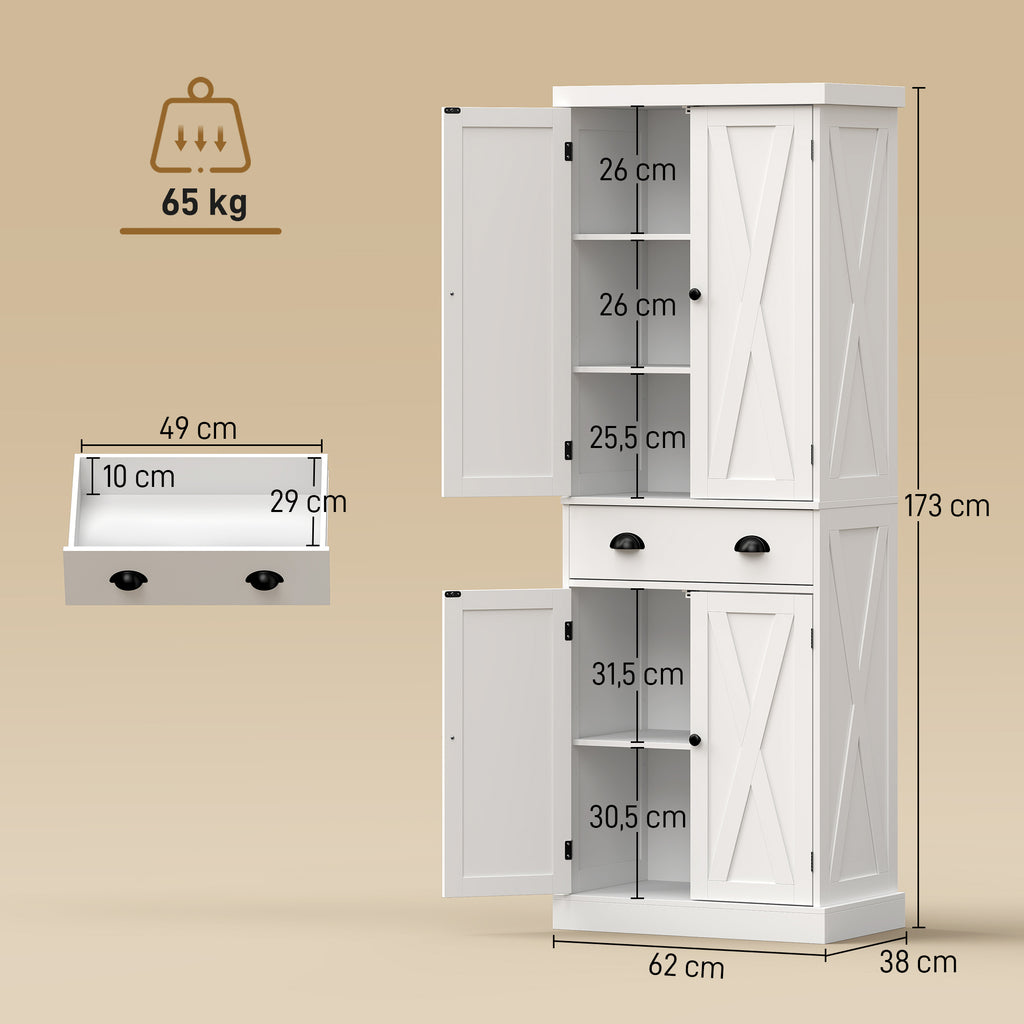 Buffet Haut Cuisine, Armoire de Cuisine avec 4 Portes, Tiroir et Étagères Réglables, Style Rustique, 62x38x173cm, Blanc-2