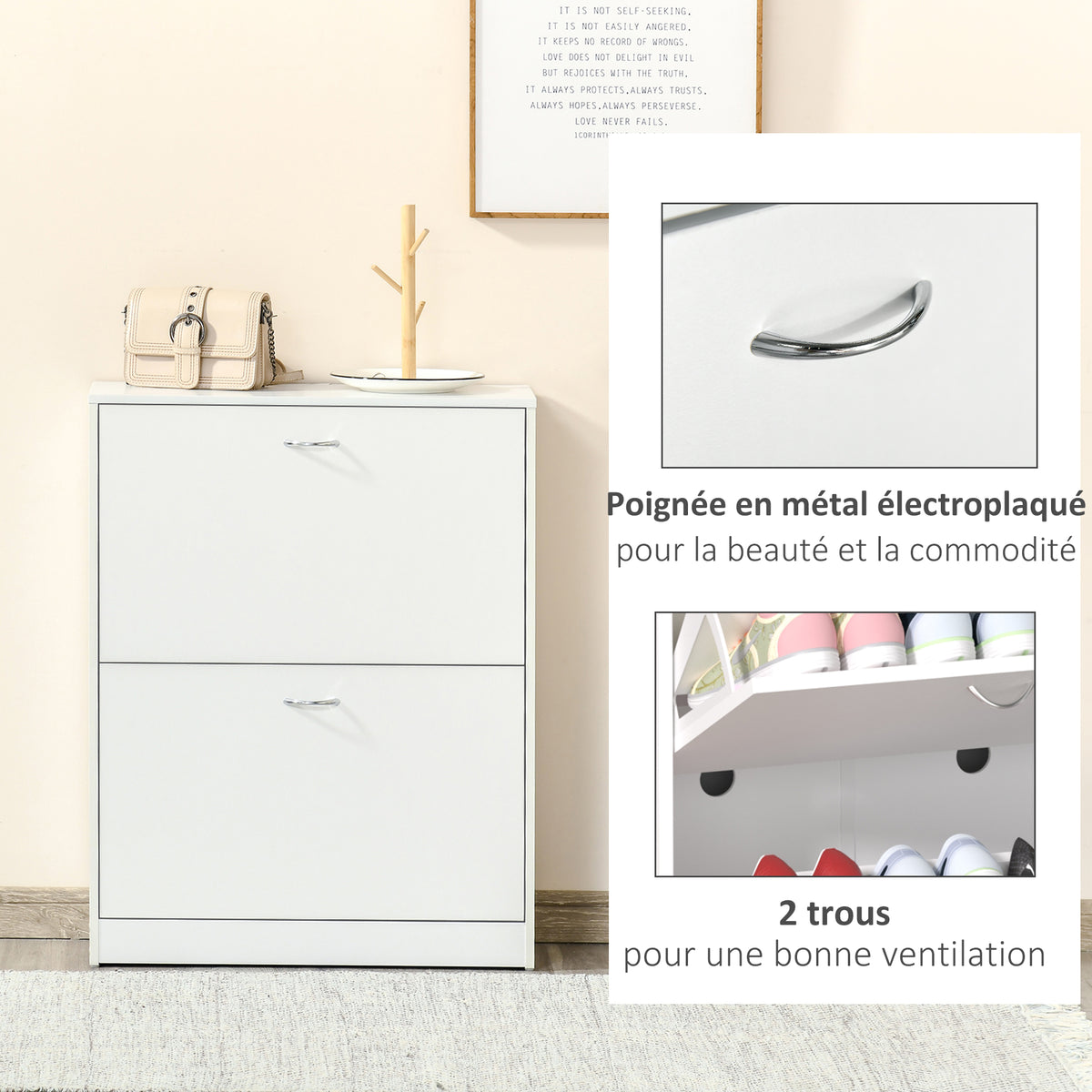 Armoire à Chaussures Meuble à Chaussures dim. 60L x 24l x 80H cm 2 Portes abattantes Blanc-5
