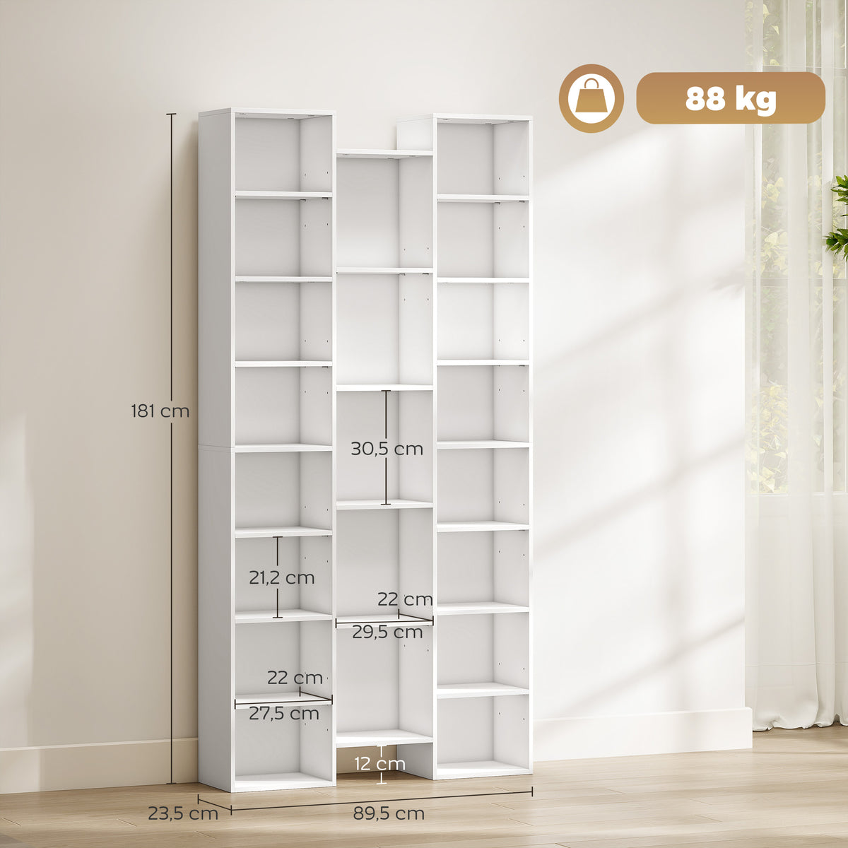 Bibliothèque, étagère à livres, étagère de rangement, 21 compartiments et 10 étagères réglables, 89,5x23,5x181cm, blanc-2