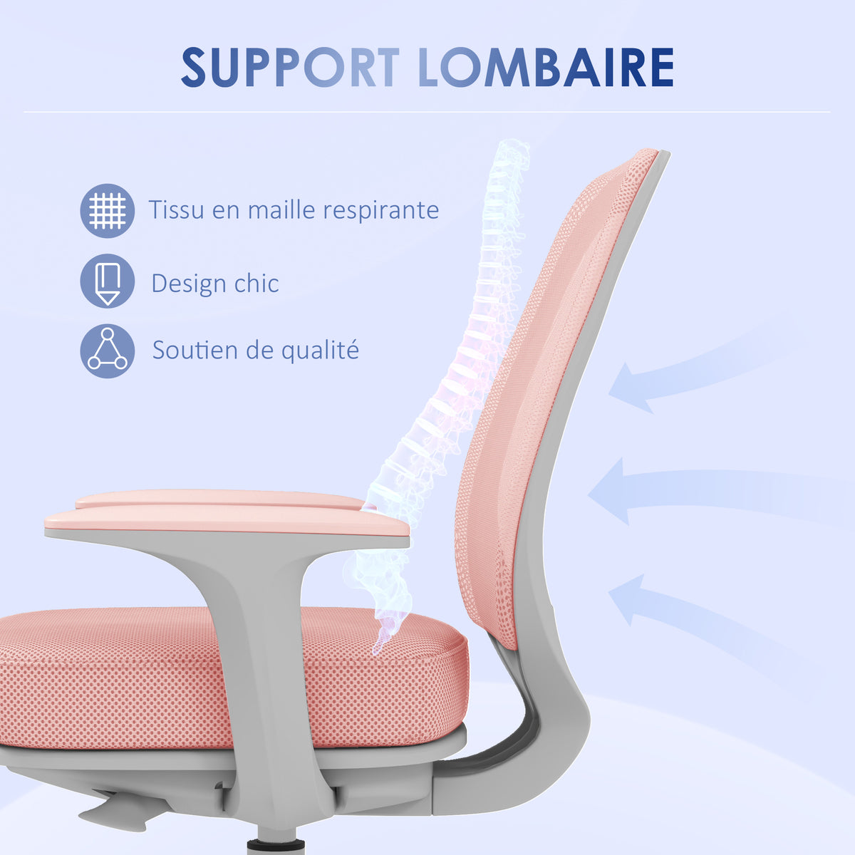 Fauteuil de bureau, chaise de bureau ergonomique en maille, hauteur réglable, 55x48x82,5-94,5cm, rose-5