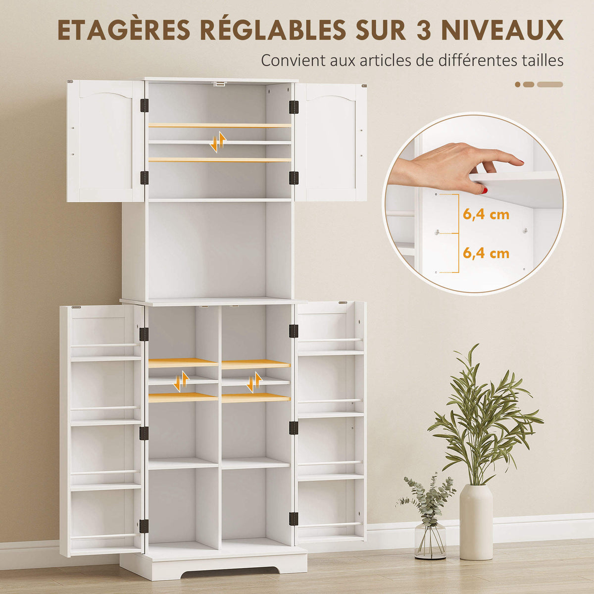 Buffet haut cuisine armoire de cuisine, 4 portes plan de travail 8 porte-épices étagères réglables 60x40x181,5cm blanc-4