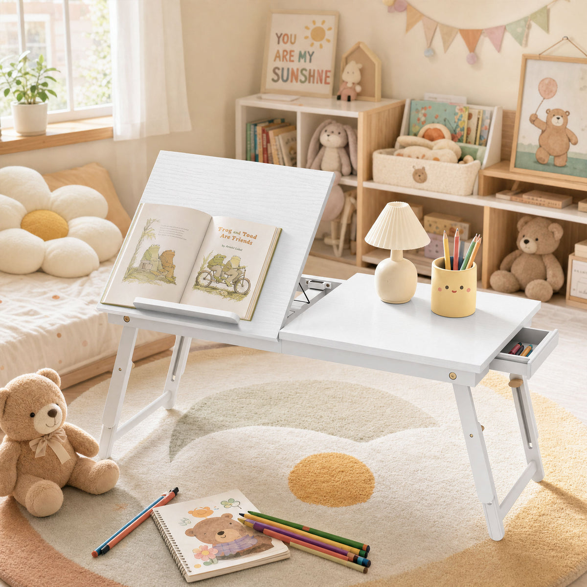 Table de lit pliable et réglable, plateau de lit pour ordinateur portable en bambou plateau inclinable 83,5x33x34cm blanc-8