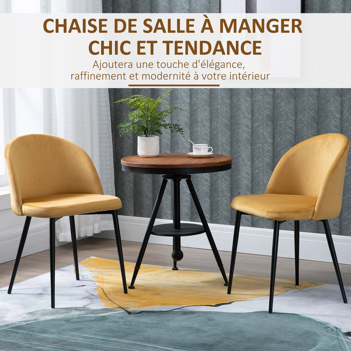 Lot de 2 chaises salle à manger chaise de cuisine scandinave chaise en velours rembourrée avec pieds effilés en métal, pour salon, salle à manger, jaune-3