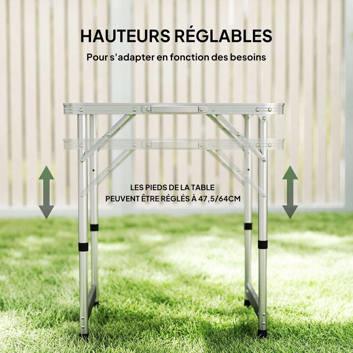 Table Pliante Table de Camping Table de Jardin Hauteur réglable Aluminium MDF Blanc-5