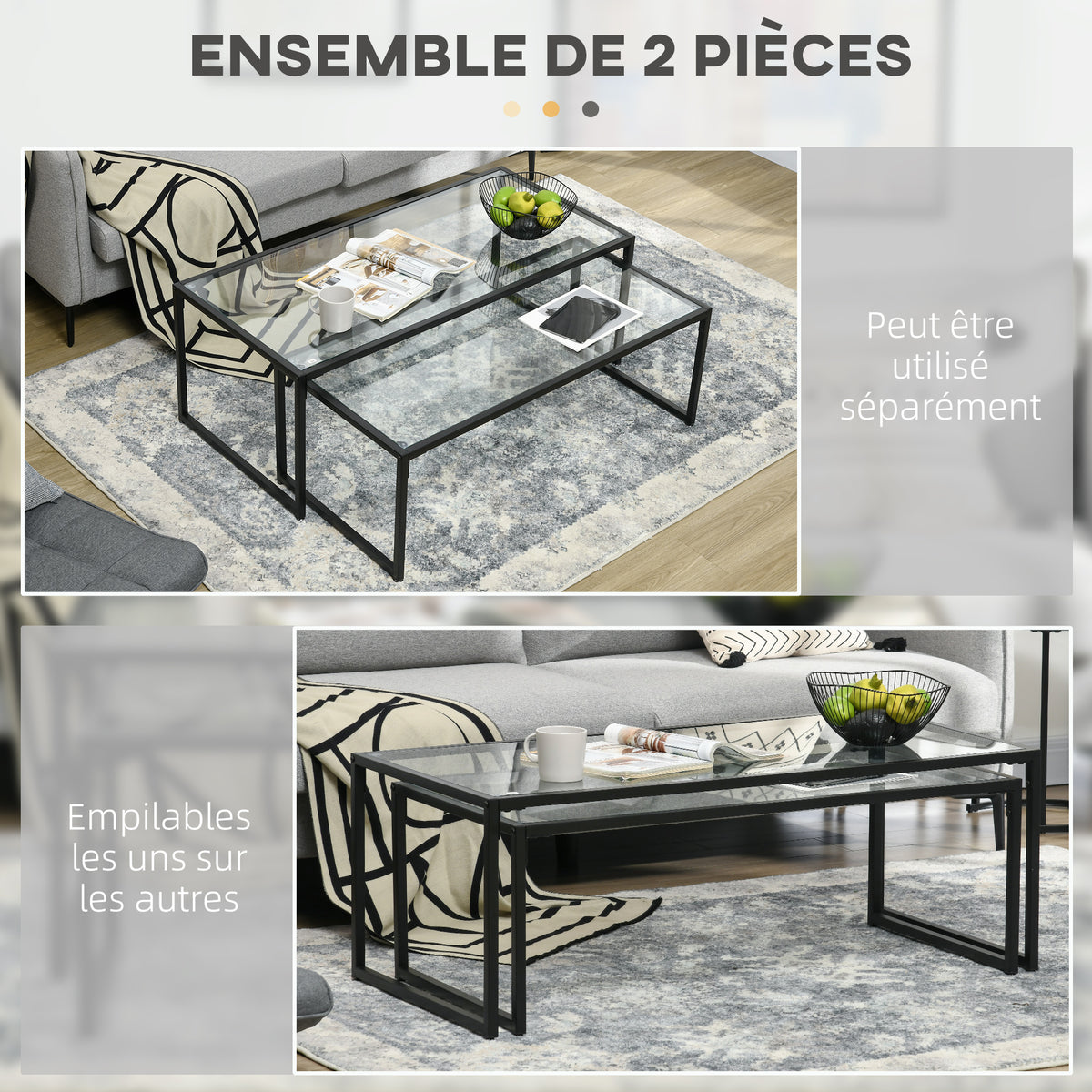 Lot de 2 tables basses gigognes tables de salon rectangulaires design en acier noir et plateaux en verre trempé-3
