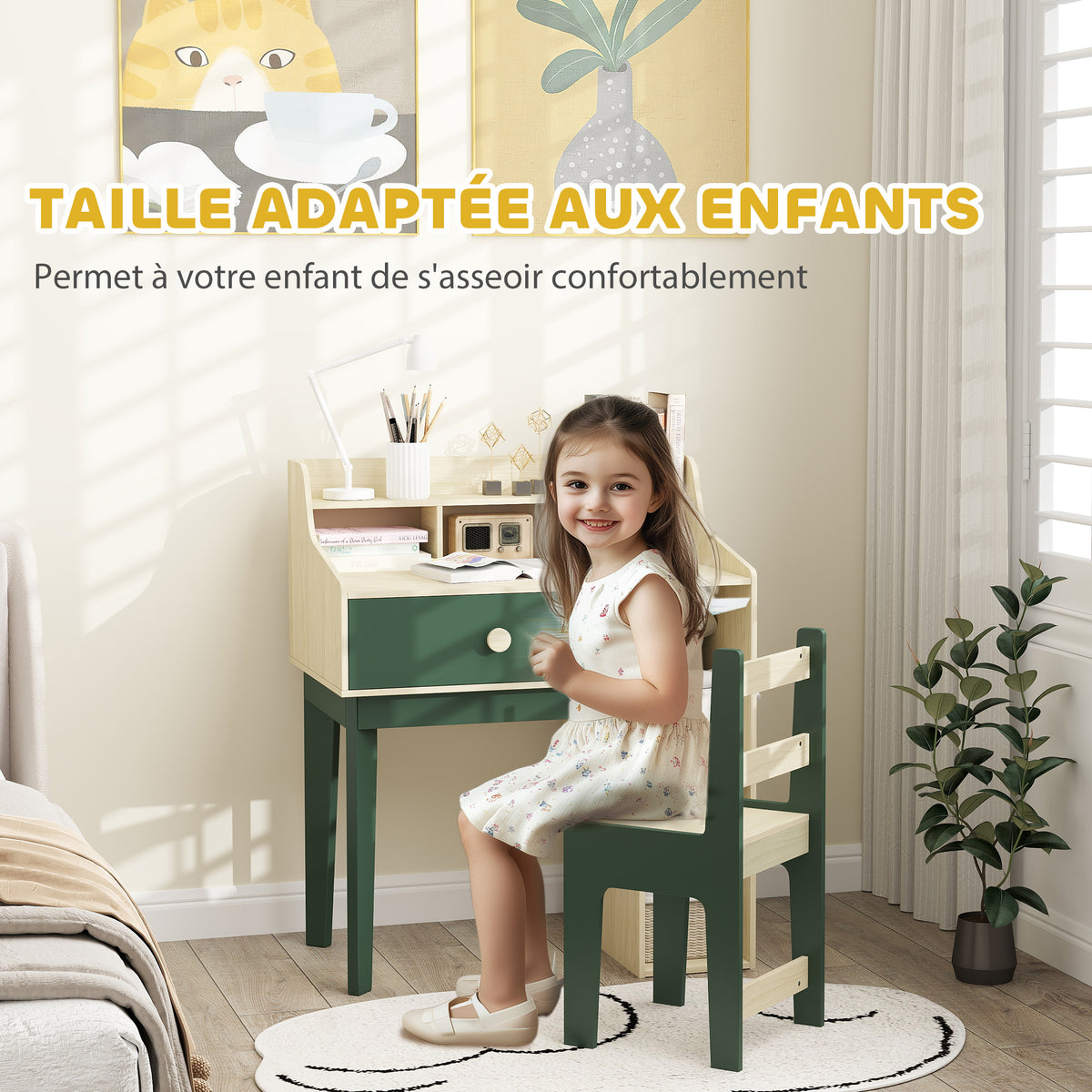 Ensemble bureau et chaise pour enfant avec étagères de rangement et tiroir, mobilier pour enfants de 3 à 10 ans, vert-6