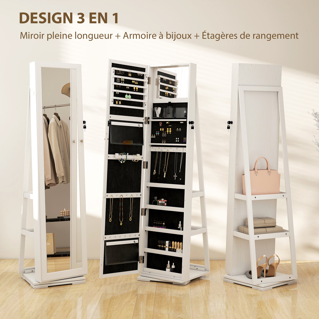Armoire à Bijoux pivotante verrouillable boîte à bijoux avec Miroir - Armoire Bijoux Multi-Rangement - en Bois Blanc-3