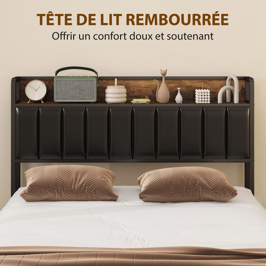 Cadre de lit 140 x 190 cm avec sommier à lattes en métal, lit double rembourré avec 4 tiroirs et étagère, noir-3