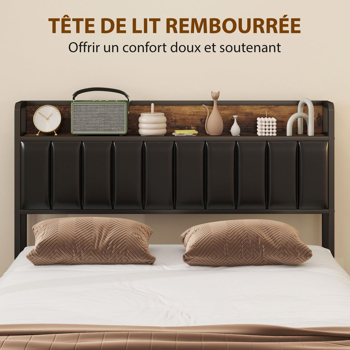 Cadre de lit 140 x 190 cm avec sommier à lattes en métal, lit double rembourré avec 4 tiroirs et étagère, noir-3