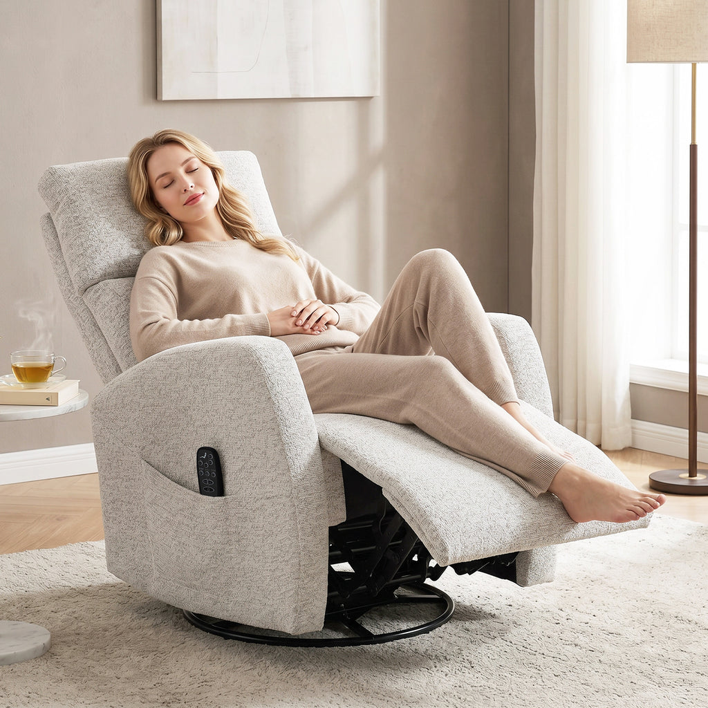 Fauteuil inclinable de massage et chauffage, fauteuil de relaxation en chenille, dossier réglable, pivotant 360°, crème-9