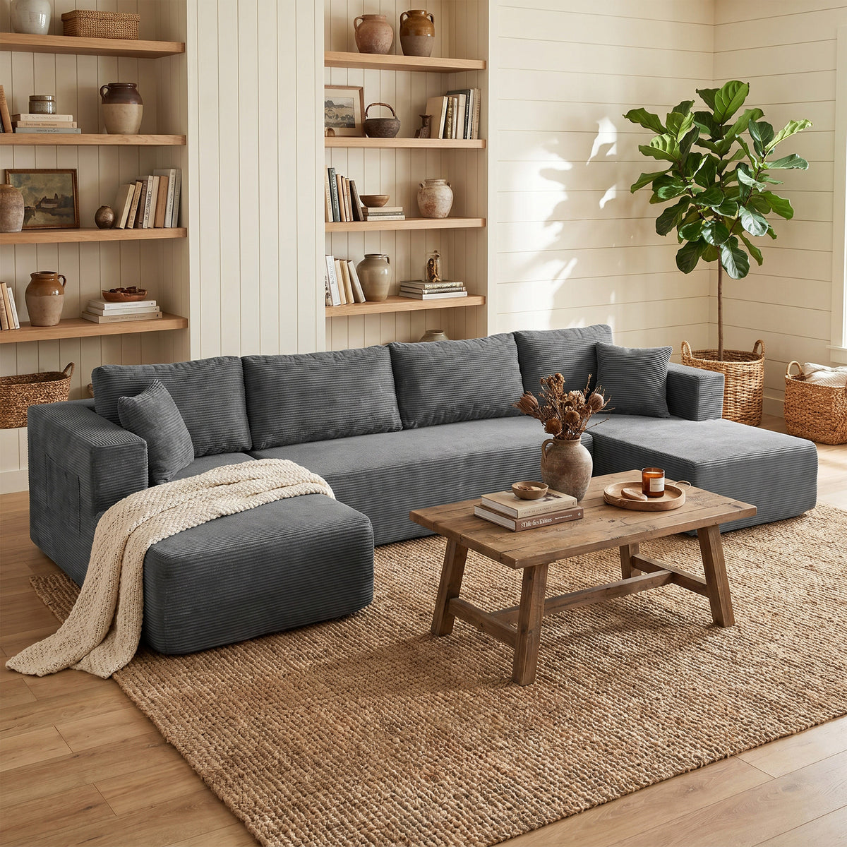 Canapé Modulaire en U 4 Places, 2 Méridiennes, Canapé 2 Places, 6 Coussins, Sans Montage, 369 x 152 x 78 cm, Gris-8