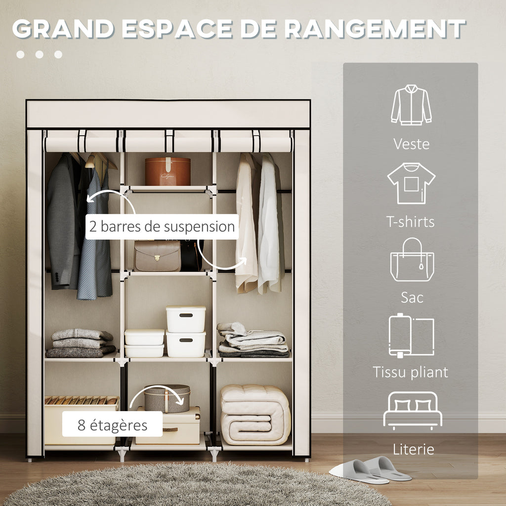 Armoire penderie multi-rangement - 8 étagères, 2 barres - non tissé crème-3