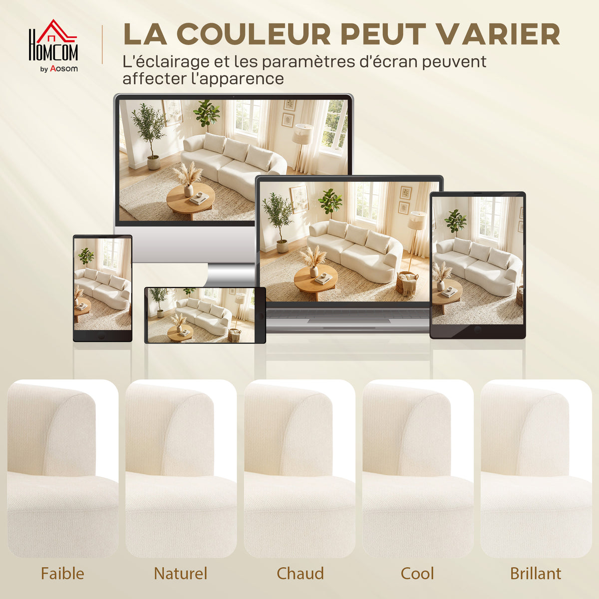 Canapé 3 places en chenille 260 cm, canapé salon, assise large, 3 coussins, pas de montage nécessaire, crème-7