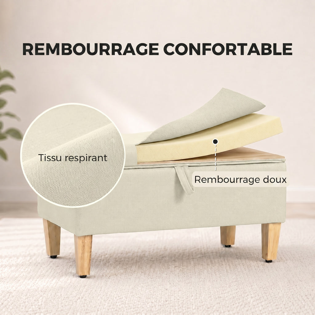 Banc de rangement, bout de lit, repose-pieds rembourré en lin avec pieds en bois de caoutchouc, 71x37x36cm, beige-4