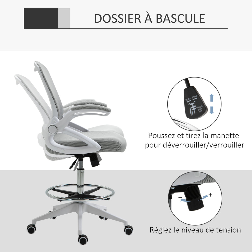 Fauteuil de bureau chaise de bureau assise debout hauteur réglable repose-pieds gris et blanc-5