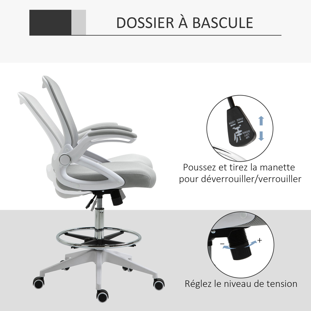 Fauteuil de bureau chaise de bureau assise debout hauteur réglable repose-pieds gris et blanc-5