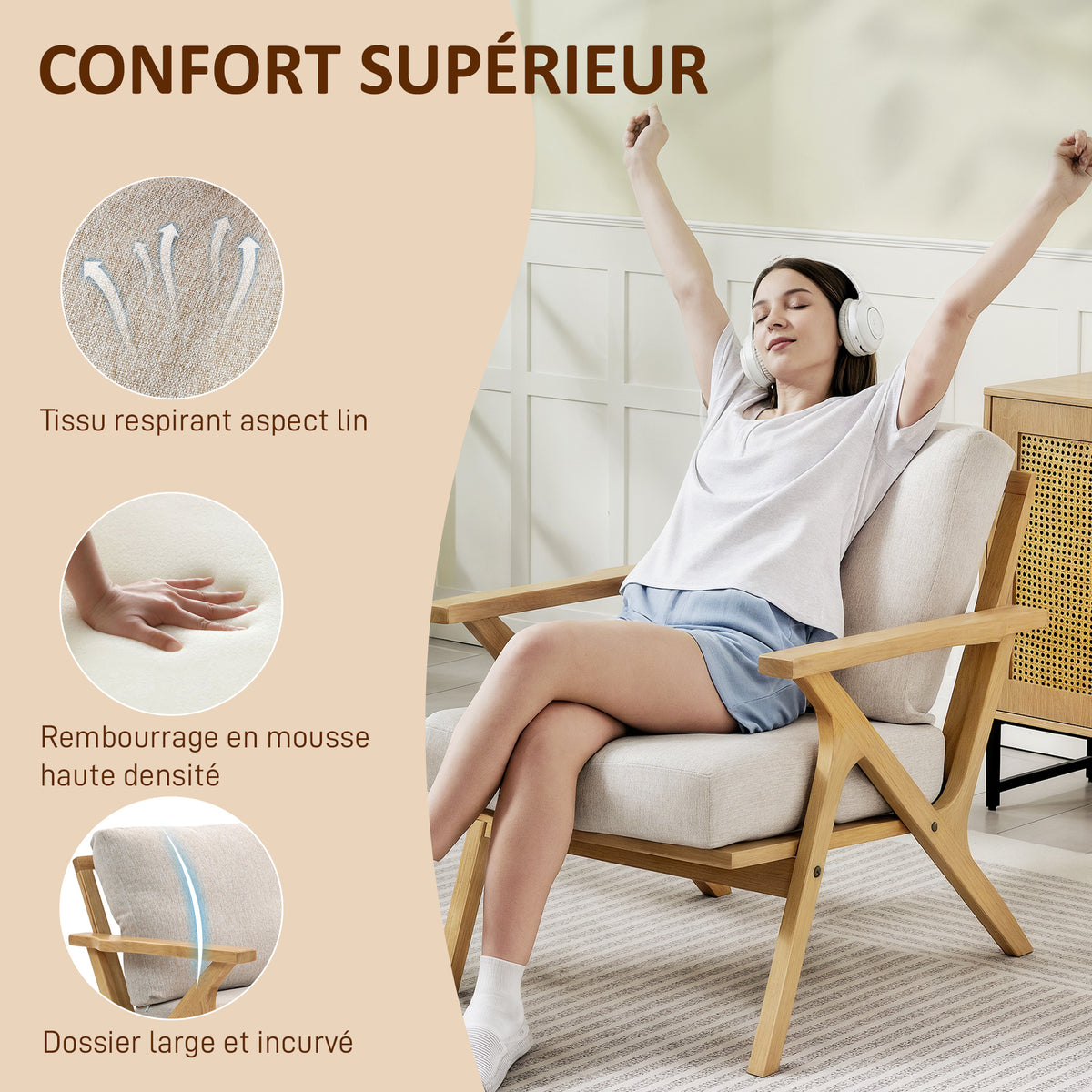 Fauteuil salon, fauteuil scandinave en tissu effet lin, coussins rembourrée et pieds en bois d'hévéa, 76x87x88cm, beige-3