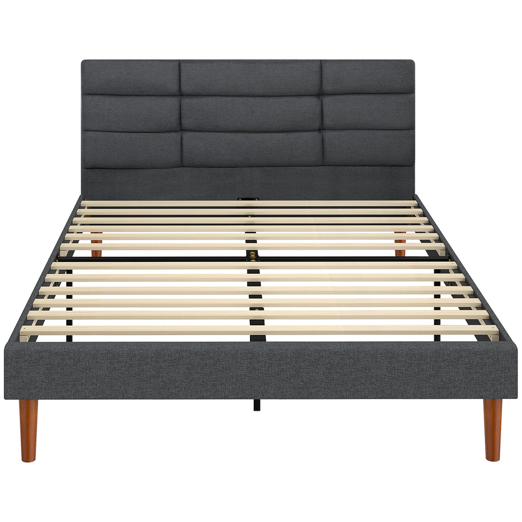 Cadre de Lit 140 x 200 cm avec Sommier Bois, Lit Double Rembourré en Effet Lin, Rangement au-dessous, Sans Bruit, Gris-0