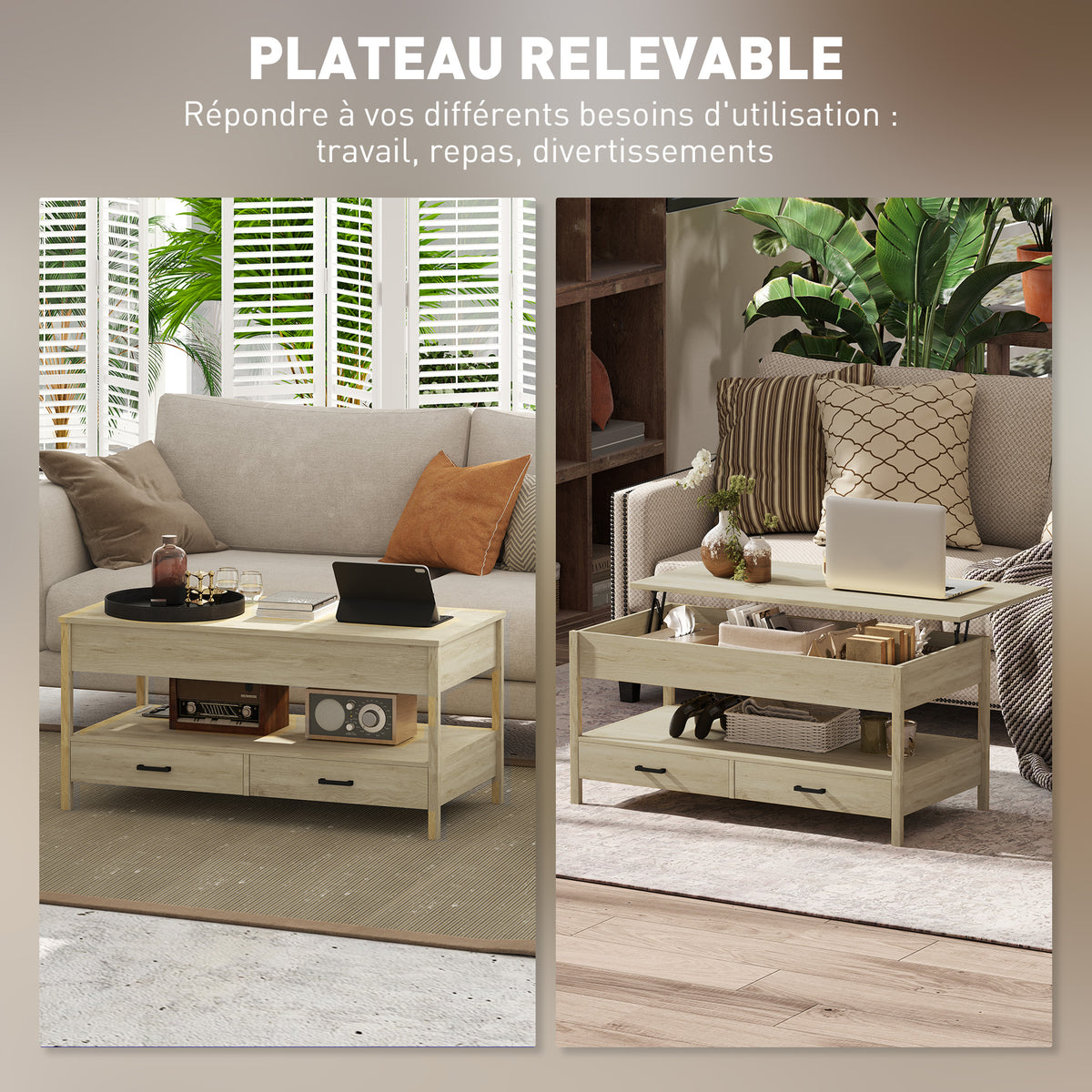 Table basse relevable, table basse avec tiroirs et compartiment caché pour salon, bureau à domicile, chêne-3
