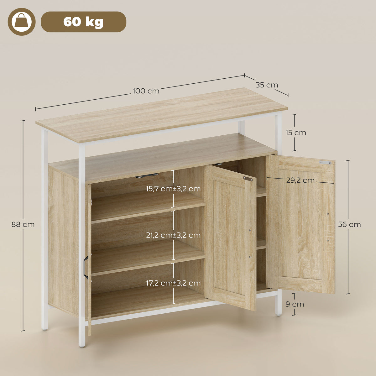Buffet, meuble de rangement avec 3 portes, compartiment ouvert et 4 étagères réglables, 100 x 35 x 88 cm, bois naturel-2